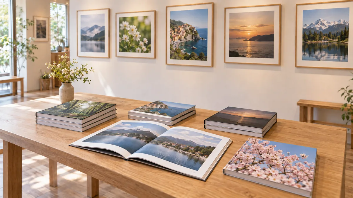 写真展の会場の机に並べた写真集（イメージ）