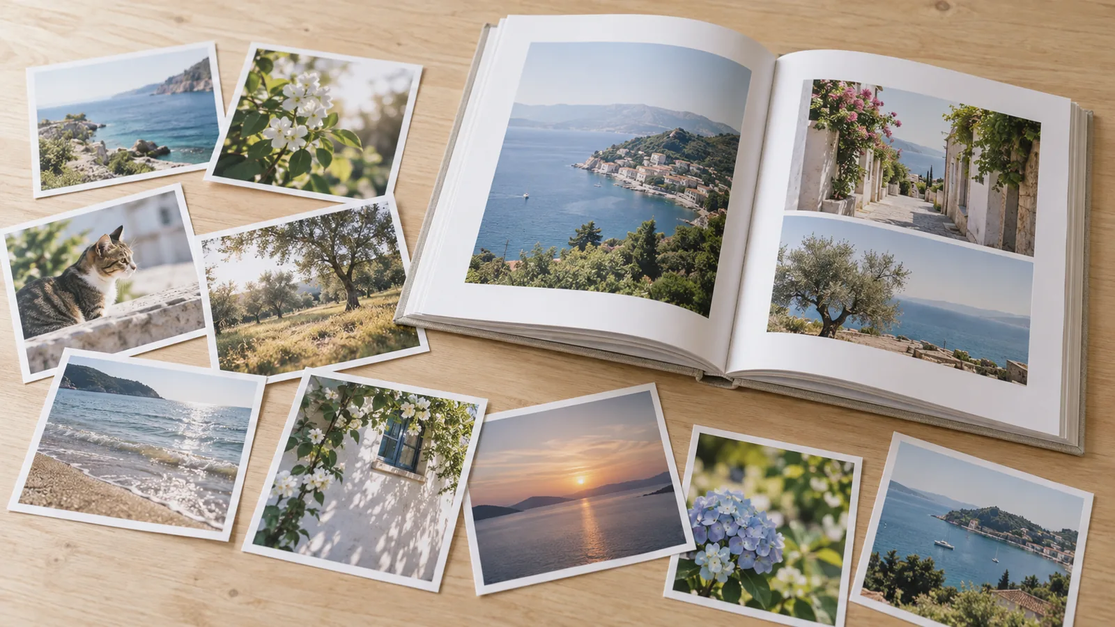 木の机に並べた写真のプリントと、開いたハードカバーの写真集（イメージ）