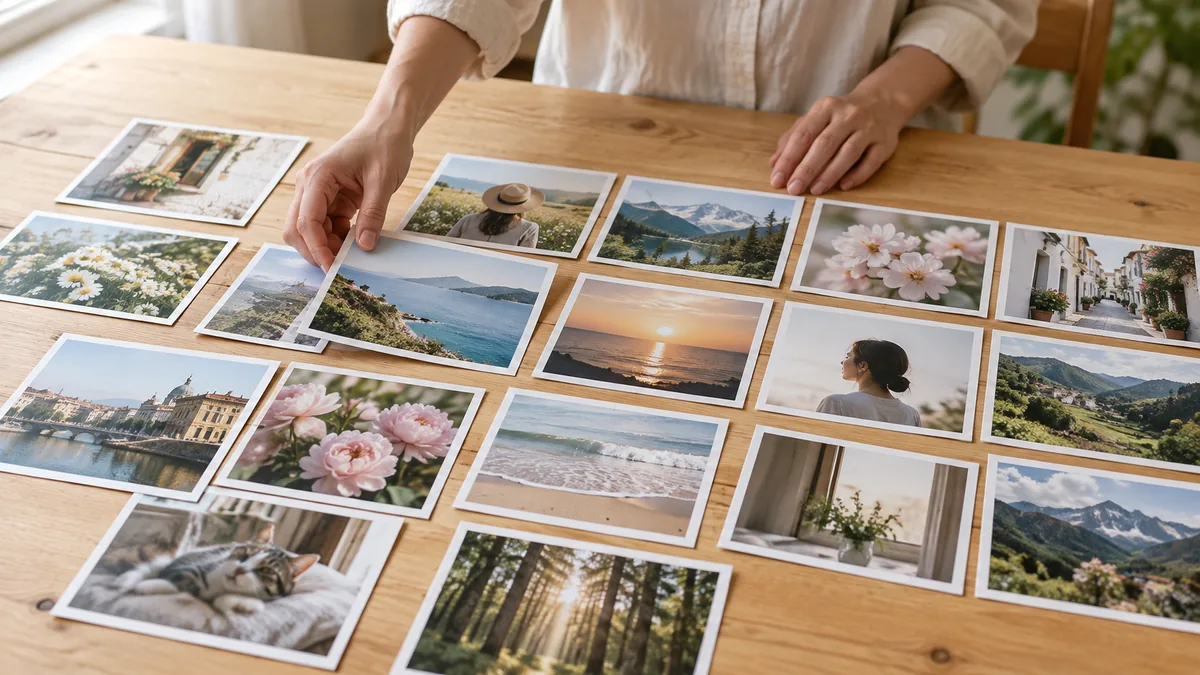 机に並べた写真のプリントを選ぶ手元（イメージ）