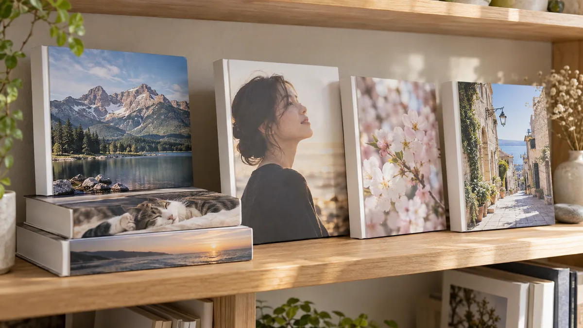 風景や人物、花などテーマの違う写真集が並んだ棚（イメージ）